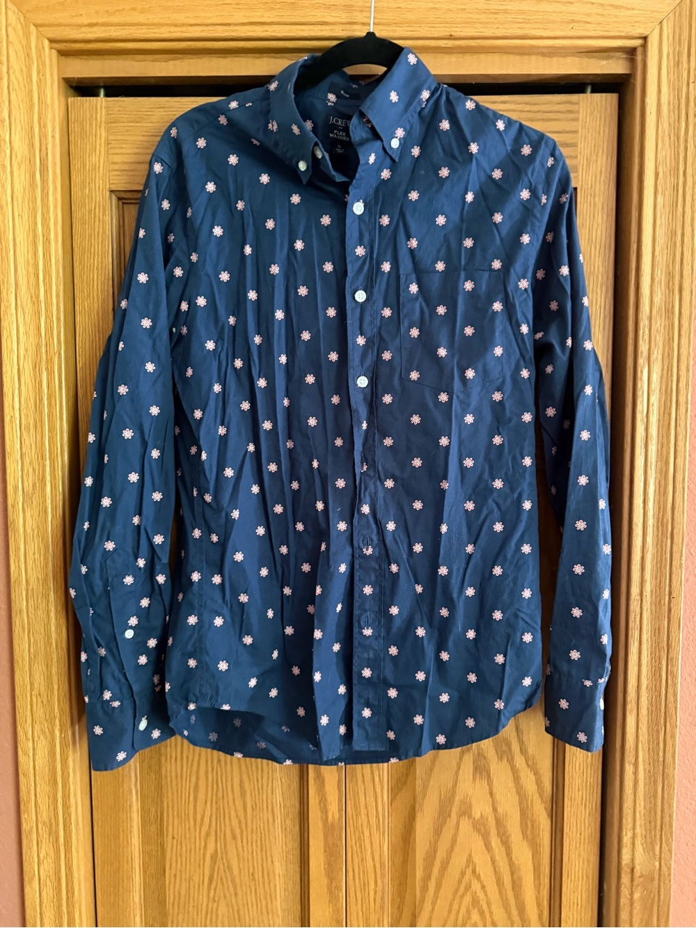 J. Crew Navy Button-Down Shirt with Pink Daisy Print